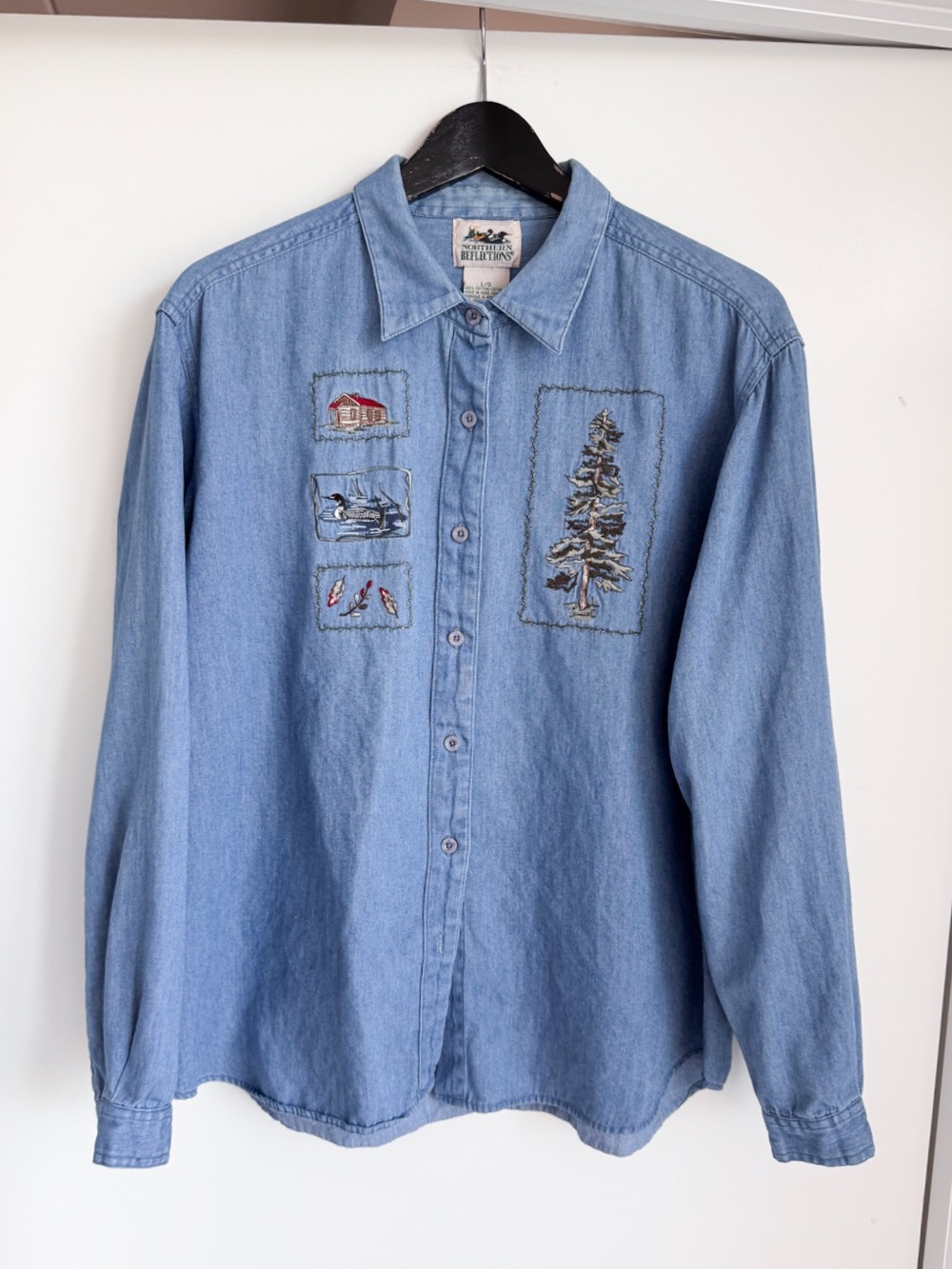 Vtg Northern Reflections Embroidered Chambray Shirt Large Loon Cottage Cabin